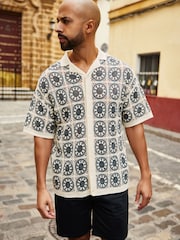 Teal Blue/Ecru White Relaxed Crochet Button Through Shirt - Image 2 of 6