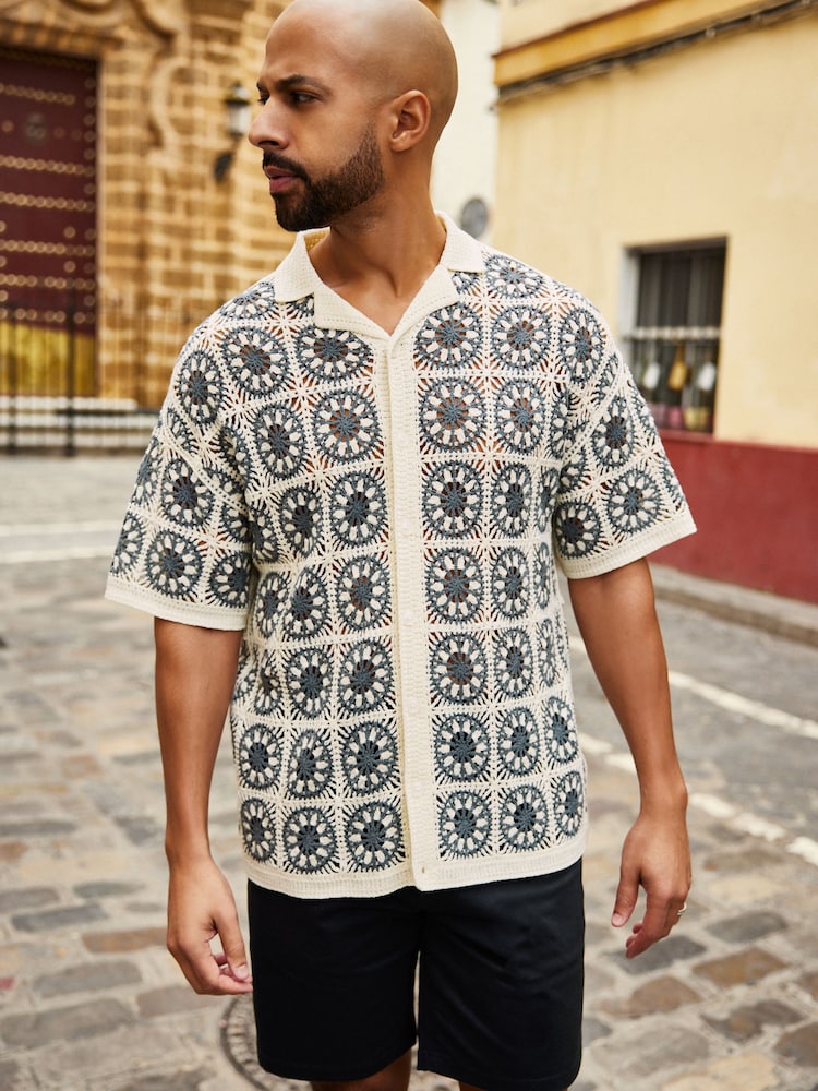 Teal Blue/Ecru White Relaxed Crochet Button Through Shirt - Image 2 of 6