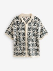 Teal Blue/Ecru White Relaxed Crochet Button Through Shirt - Image 4 of 6