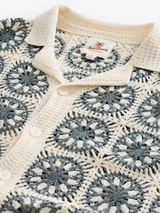 Teal Blue/Ecru White Relaxed Crochet Button Through Shirt - Image 5 of 6