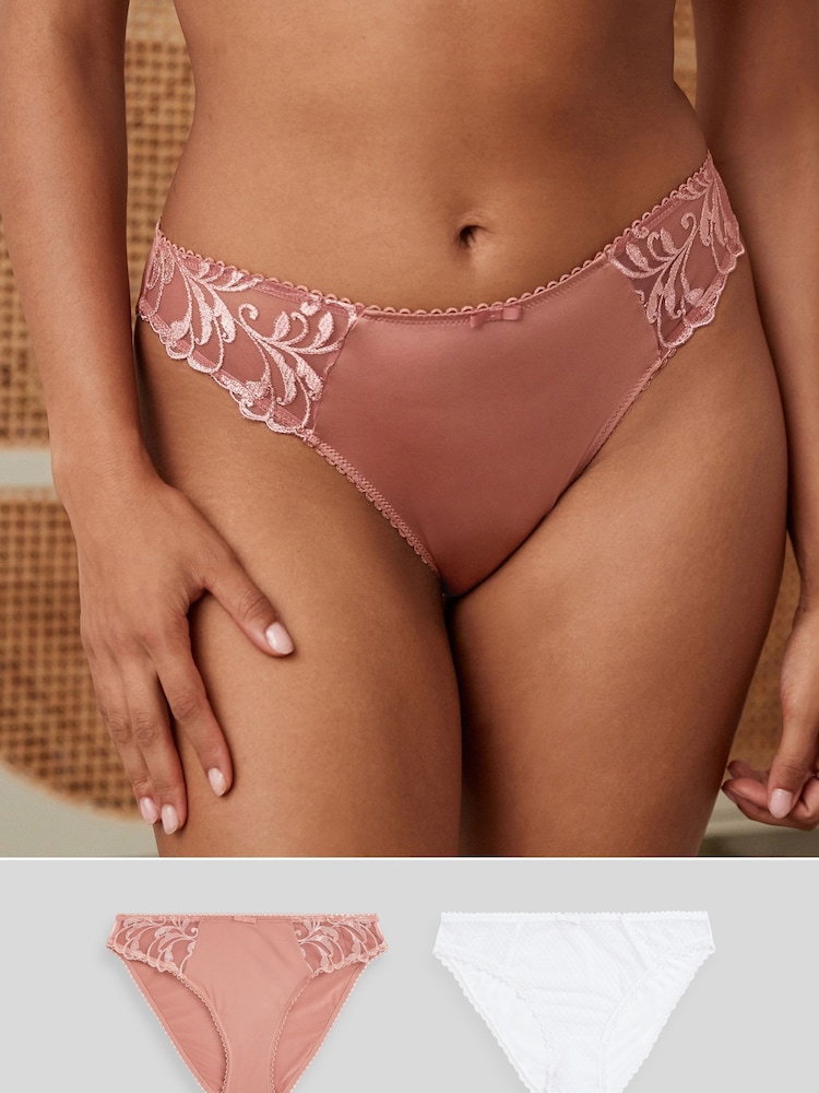 Rose Pink/White High Leg Embroidered Knickers 2 Pack - Image 1 of 11