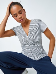 Roman Black Petite Stripe Twist Soft Stretch Top - Image 1 of 5