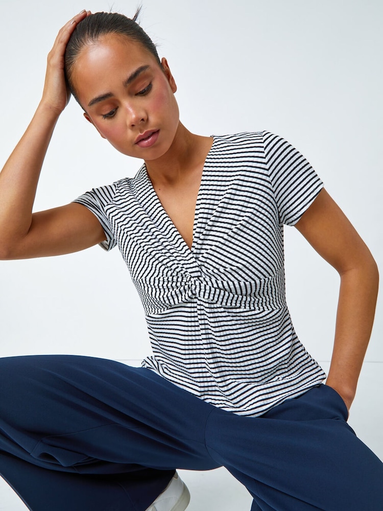 Roman Black Petite Stripe Twist Soft Stretch Top - Image 1 of 5