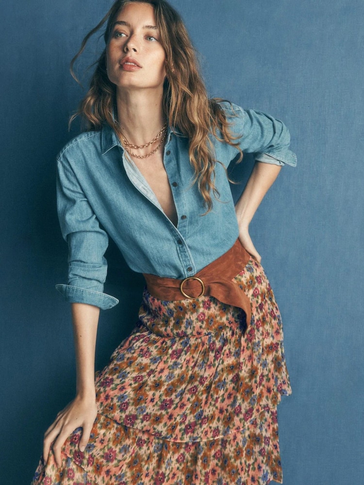 Boden Pink Floral Tiered Ruffle Midi Skirt - Image 2 of 6 Boden Pink Floral Tiered Ruffle Midi Skirt - Image 2 of 6
