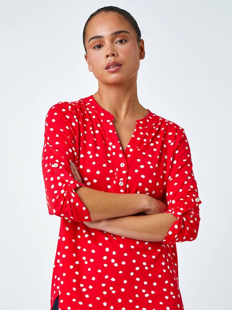 Roman Red Petite Polka Dot Stretch Button Detail Blouses - Image 1 of 5