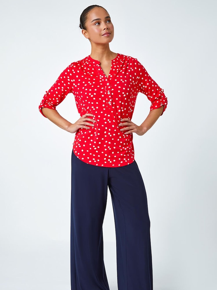 Roman Red Petite Polka Dot Stretch Button Detail Blouses - Image 2 of 5