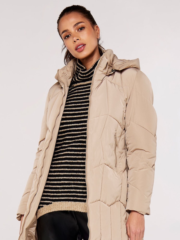 Apricot Cream Mixed Panel Hooded Puffer Jacket - Image 1 of 5