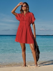 Lipsy Red Short Sleeve Broderie Mini Shirt Dress - Image 3 of 4