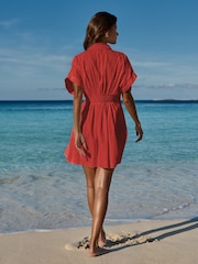 Lipsy Red Short Sleeve Broderie Mini Shirt Dress - Image 4 of 4