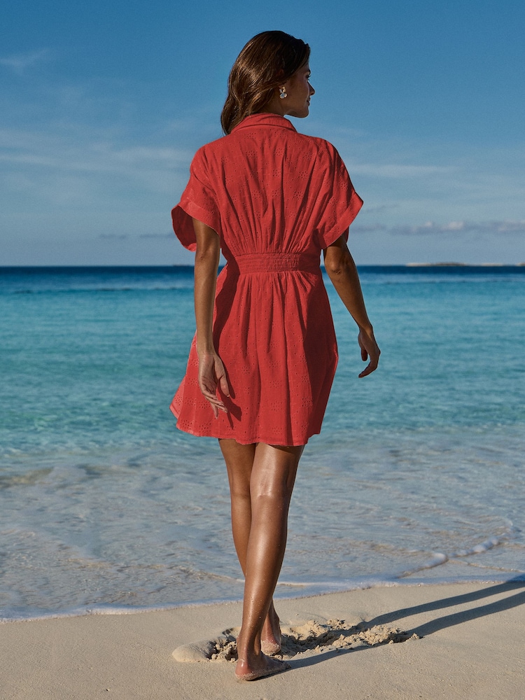 Lipsy Red Short Sleeve Broderie Mini Shirt Dress - Image 4 of 4 Lipsy Red Short Sleeve Broderie Mini Shirt Dress - Image 4 of 4