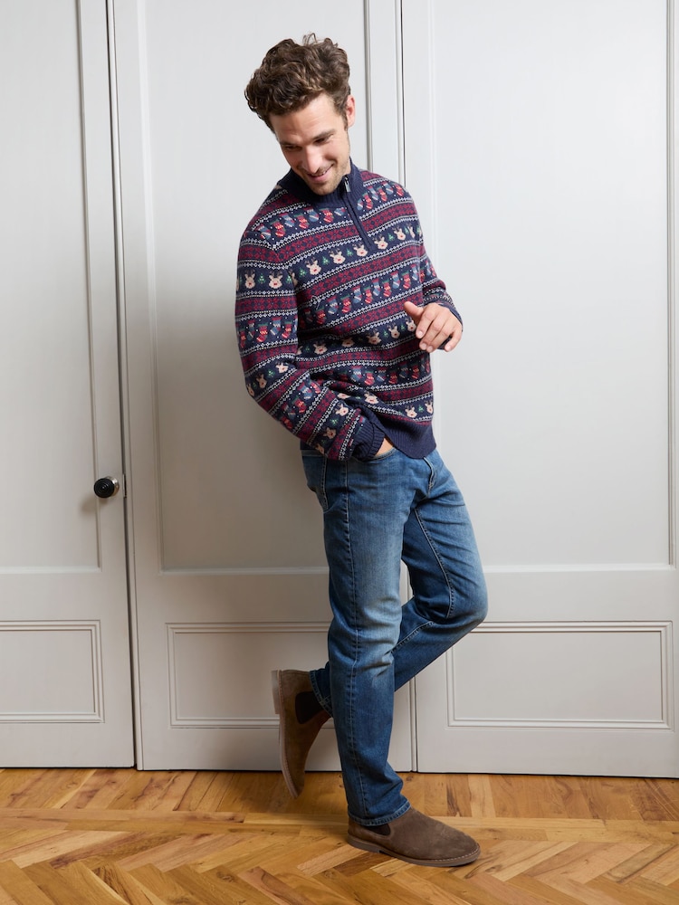JoJo Maman Bébé Navy Blue Men's Long Sleeve Christmas Fairisle Jumper - Image 1 of 4 JoJo Maman Bébé Navy Blue Men's Long Sleeve Christmas Fairisle Jumper - Image 1 of 4
