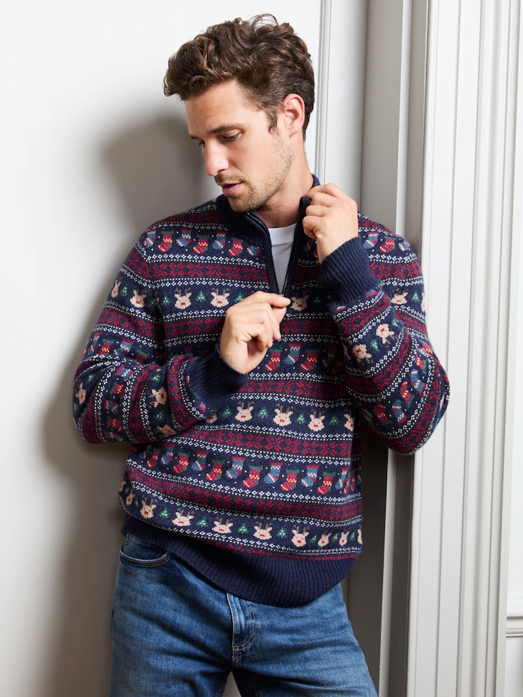 JoJo Maman Bébé Navy Blue Men's Long Sleeve Christmas Fairisle Jumper - Image 2 of 4 JoJo Maman Bébé Navy Blue Men's Long Sleeve Christmas Fairisle Jumper - Image 2 of 4