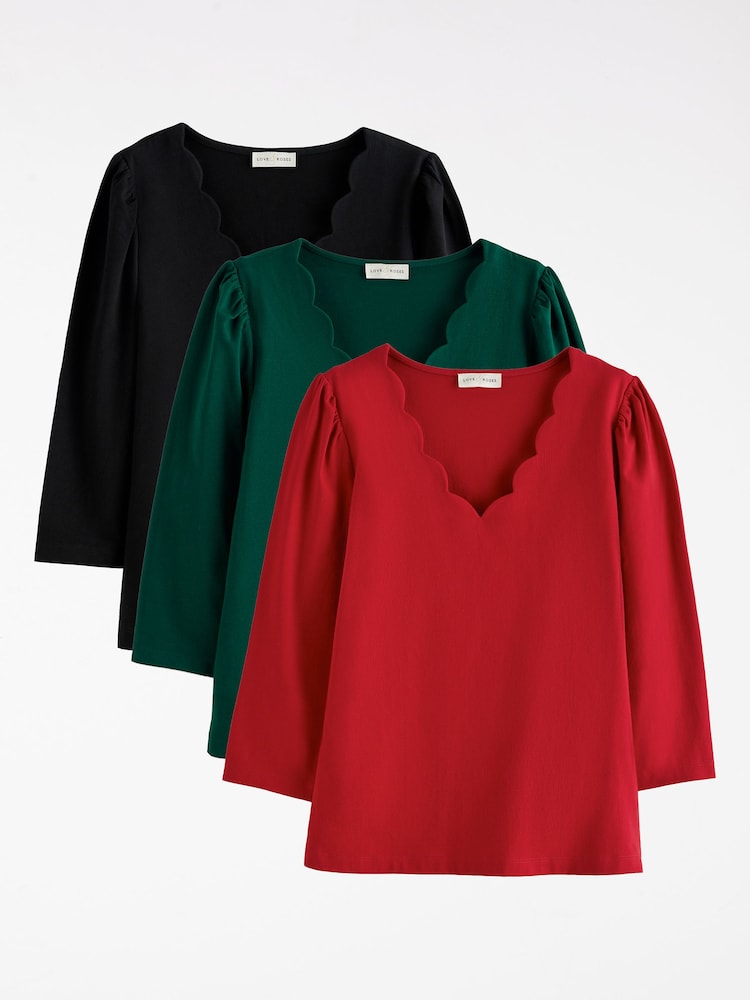 Svart Bourgogne och Skogsgrön - Love & Roses 3/4 ärmad kammussla VNeck Jersey Top - Bild 1 av 8