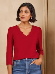 Svart Bourgogne och Skogsgrön - Love & Roses 3/4 ärmad kammussla VNeck Jersey Top - Bild 2 av 8