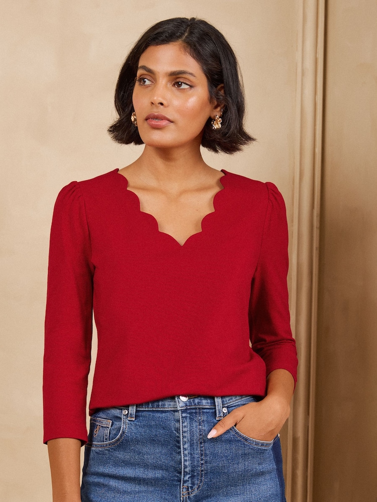 Svart Bourgogne och Skogsgrön - Love & Roses 3/4 ärmad kammussla VNeck Jersey Top - Bild 2 av 8