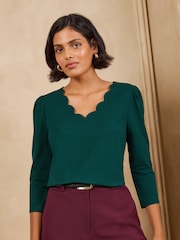 Svart Bourgogne och Skogsgrön - Love & Roses 3/4 ärmad kammussla VNeck Jersey Top - Bild 3 av 8