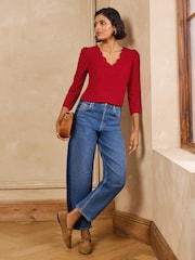 Svart Bourgogne och Skogsgrön - Love & Roses 3/4 ärmad kammussla VNeck Jersey Top - Bild 5 av 8