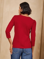 Svart Bourgogne och Skogsgrön - Love & Roses 3/4 ärmad kammussla VNeck Jersey Top - Bild 7 av 8