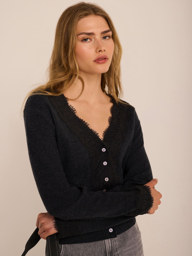 Mint Velvet Black Lace Trim Cardigan - Image 1 of 8 Mint Velvet Black Lace Trim Cardigan - Image 1 of 8