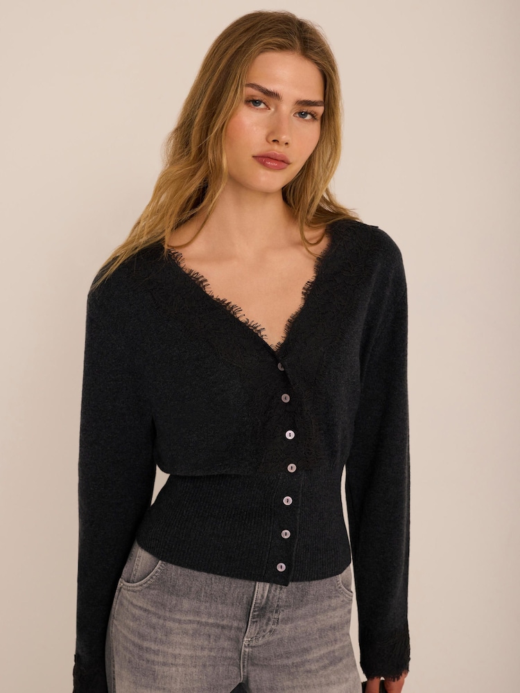 Mint Velvet Black Lace Trim Cardigan - Image 2 of 8 Mint Velvet Black Lace Trim Cardigan - Image 2 of 8