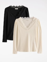 Love & Roses Black and Ivory Long Sleeve Lace V-Neck Ribbed Jersey Tops X2 Multipack - Image 1 of 7