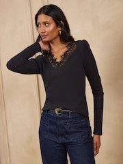 Love & Roses Black and Ivory Long Sleeve Lace V-Neck Ribbed Jersey Tops X2 Multipack - Image 2 of 7
