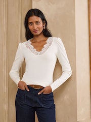 Love & Roses Black and Ivory Long Sleeve Lace V-Neck Ribbed Jersey Tops X2 Multipack - Image 3 of 7