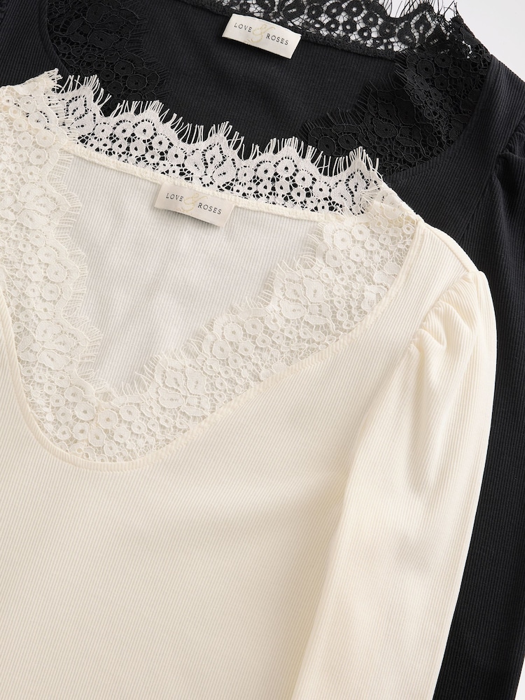 Love & Roses Black and Ivory Long Sleeve Lace V-Neck Ribbed Jersey Tops X2 Multipack - Image 7 of 7 Love & Roses Black and Ivory Long Sleeve Lace V-Neck Ribbed Jersey Tops X2 Multipack - Image 7 of 7