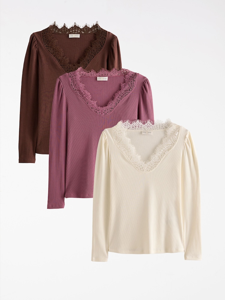 Love & Roses Ivory Chocolate and Pink Long Sleeve Lace V-Neck Ribbed Jersey X3 Tops Multipack - Image 1 of 8