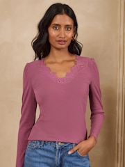 Love & Roses Ivory Chocolate and Pink Long Sleeve Lace V-Neck Ribbed Jersey X3 Tops Multipack - Image 3 of 8