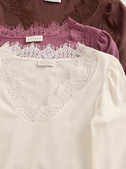 Love & Roses Ivory Chocolate and Pink Long Sleeve Lace V-Neck Ribbed Jersey X3 Tops Multipack - Image 8 of 8