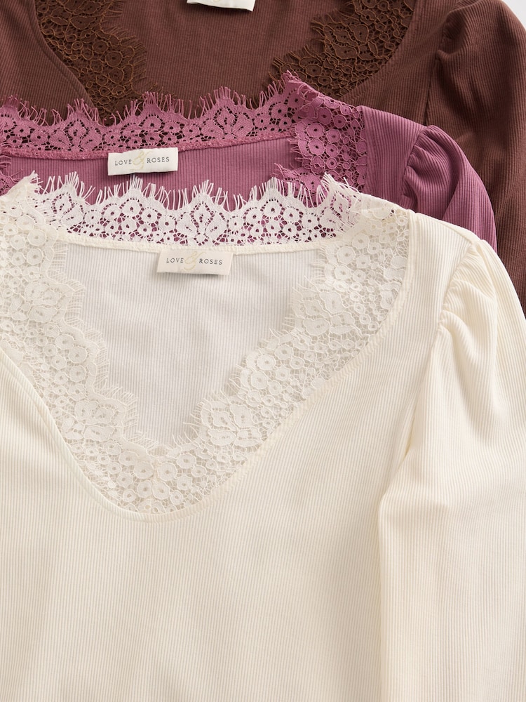 Love & Roses Ivory Chocolate and Pink Long Sleeve Lace V-Neck Ribbed Jersey X3 Tops Multipack - Image 8 of 8