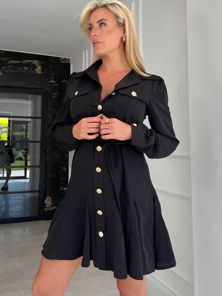 Girl In Mind Black Francis Collar Shirt Skater Dress - Image 4 of 4 Girl In Mind Black Francis Collar Shirt Skater Dress - Image 4 of 4