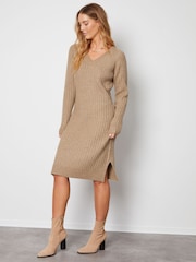 Threadbare Brown V-Neck Knitted Midi Dress - Image 1 of 4
