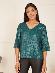 Yumi Green Sequin Top With Fluted Sleeve - Image 1 of 5