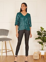 Yumi Green Sequin Top With Fluted Sleeve - Image 2 of 5