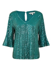 Yumi Green Sequin Top With Fluted Sleeve - Image 5 of 5