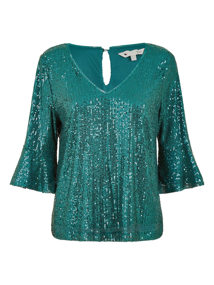 Yumi Green Sequin Top With Fluted Sleeve - Image 5 of 5