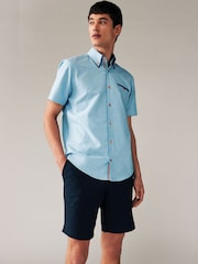 Blue Double Collar Regular Fit Trimmed Linen Blend Short Sleeve Shirt - Image 1 of 6