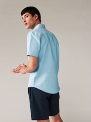 Blue Double Collar Regular Fit Trimmed Linen Blend Short Sleeve Shirt - Image 2 of 6