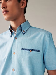 Blue Double Collar Regular Fit Trimmed Linen Blend Short Sleeve Shirt - Image 3 of 6