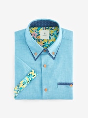 Blue Double Collar Regular Fit Trimmed Linen Blend Short Sleeve Shirt - Image 4 of 6