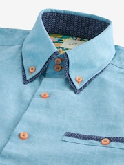 Blue Double Collar Regular Fit Trimmed Linen Blend Short Sleeve Shirt - Image 5 of 6