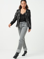 Urban Code black Saint Smith Collarless Zip Detail Faux Leather Jacket - Image 3 of 6