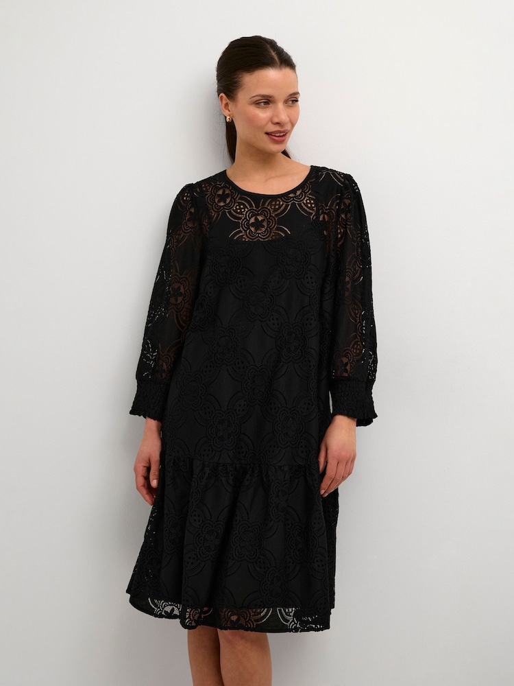 Kaffe Raula Lace 3/4 Sleeve Short Black Dress - Image 1 of 6