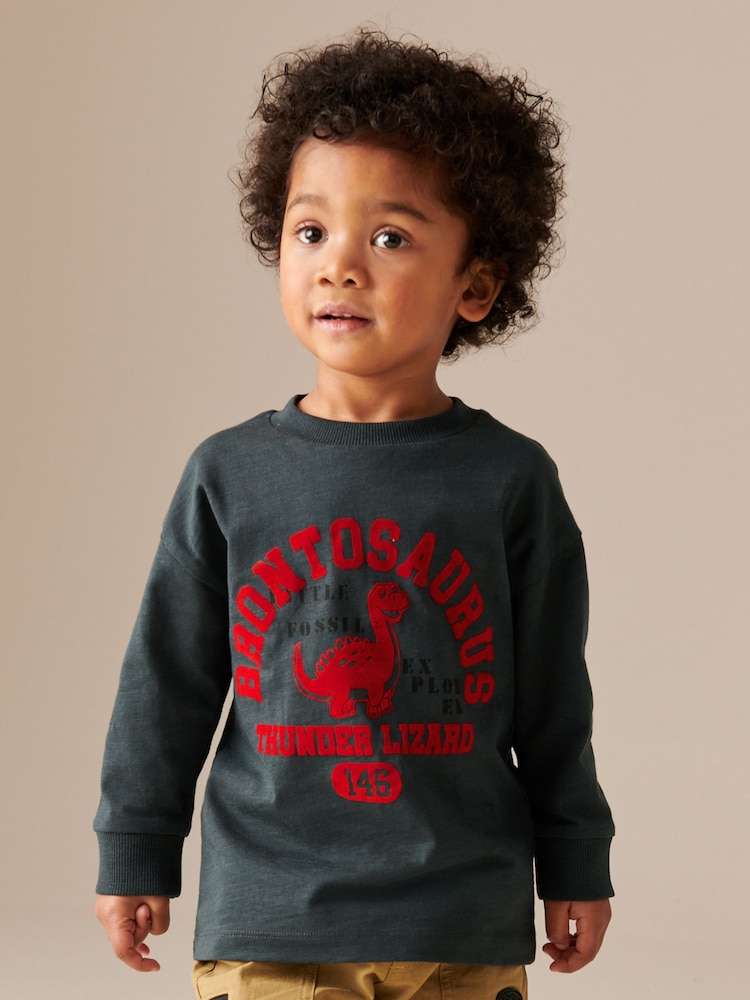 Charcoal Grey 100% Cotton Long Sleeve Varsity T-Shirt (3mths-7yrs) - Image 1 of 5