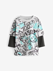 Grey/Blue Skate Sleeve Print Long Sleeve Graffiti 100% Cotton T-Shirt (3mths-7yrs) - Image 1 of 3
