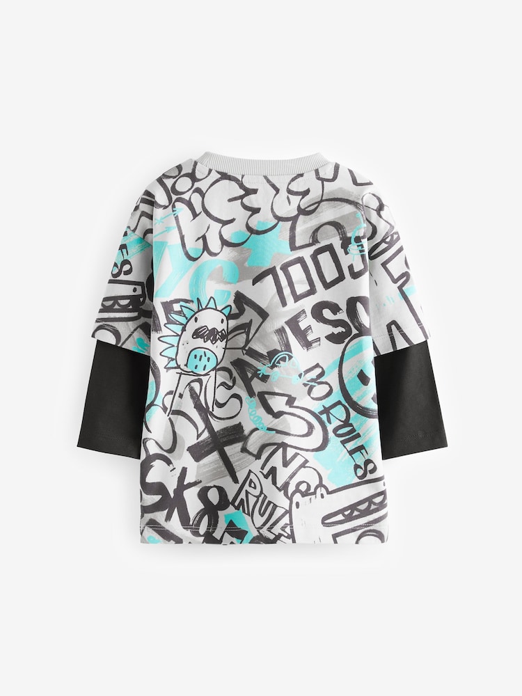 Grey/Blue Skate Sleeve Print Long Sleeve Graffiti 100% Cotton T-Shirt (3mths-7yrs) - Image 2 of 3