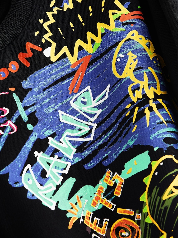 Black Dino Print Long Sleeve Graffiti 100% Cotton T-Shirt (3mths-7yrs) - Image 5 of 5