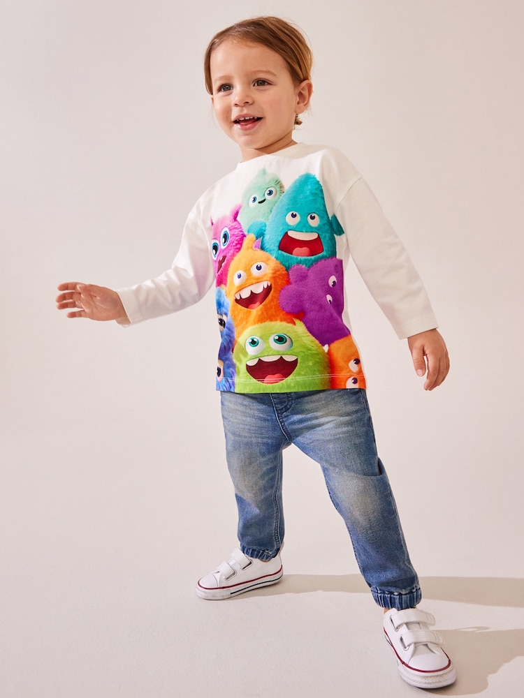 أبيض - تيشرت مصنوع من القطن 100% بكم طويل مزين بطبعة شخصية وحش (3 أشهر-7 سنوات) - صورة 2 من 5